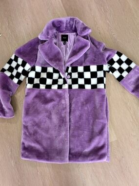 Forever 21 Purple Faux Fur Checkered Long Coat Unisex 
Woman's  Size M